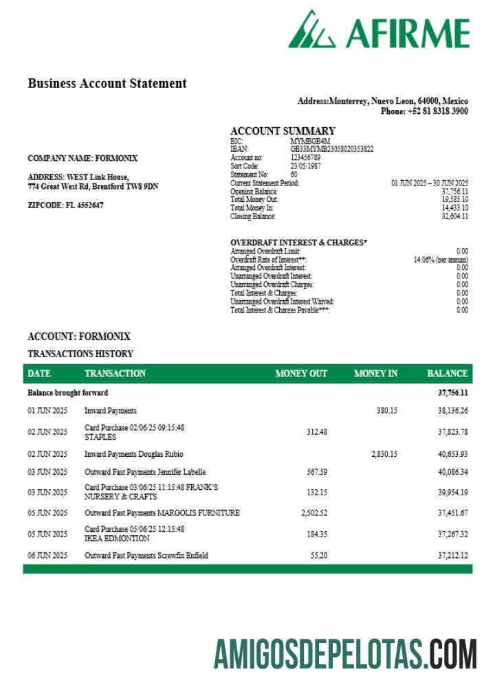 Imprimível Afirme Business modelo de extrato de conta Word e PDF (1)